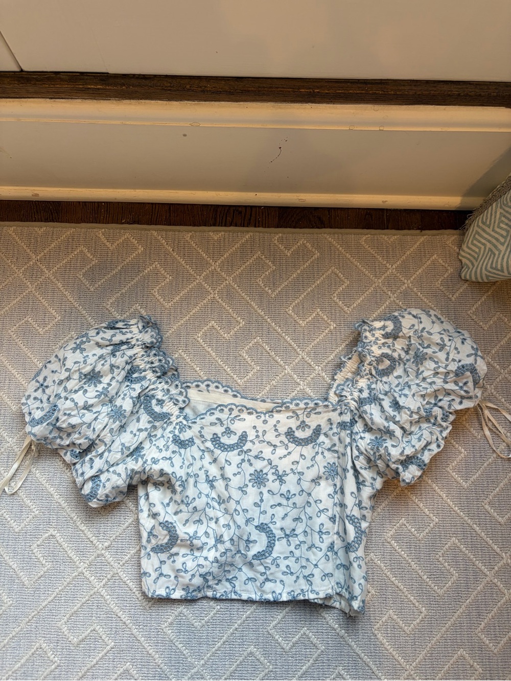LoveShackFancy White and Blue Embroidered Puff-Sleeve Crop Top
